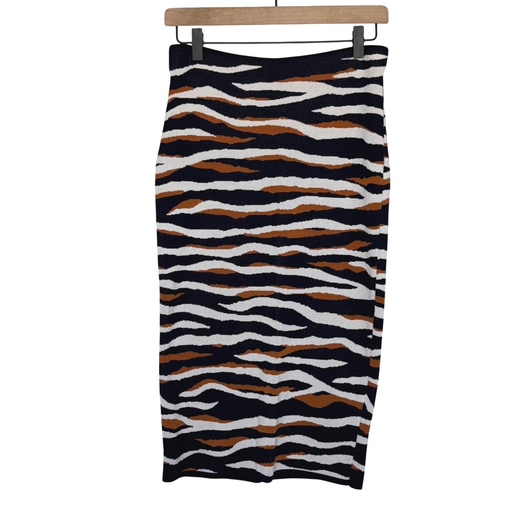 Ann Taylor Womens Tiger Print Knit Pencil Skirt Navy Brown White‎ Midi Bodycon S